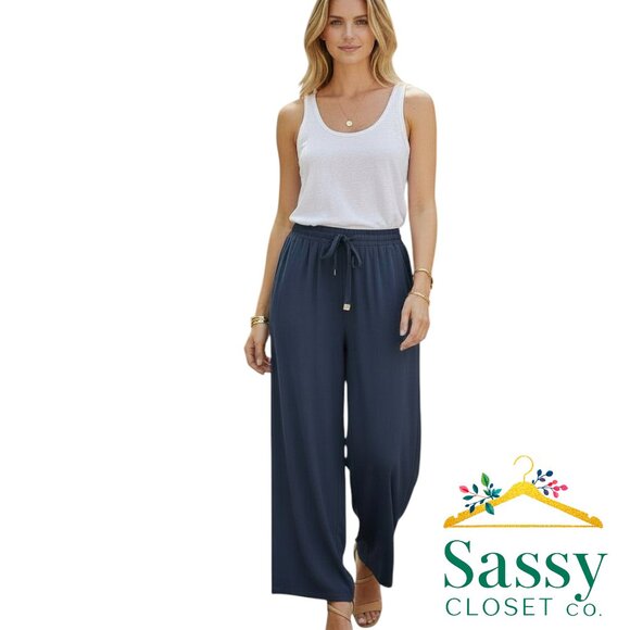 Michael Kors Navy Resort Pants Gold Accent Drawstring Wide Leg Size S EUC - Picture 1 of 7